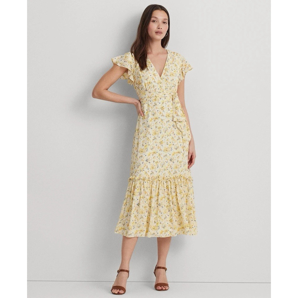 Lauren Ralph Women's Florals Georgette Flutter-Sleeve A-Line Dress Sz 14 Yellow